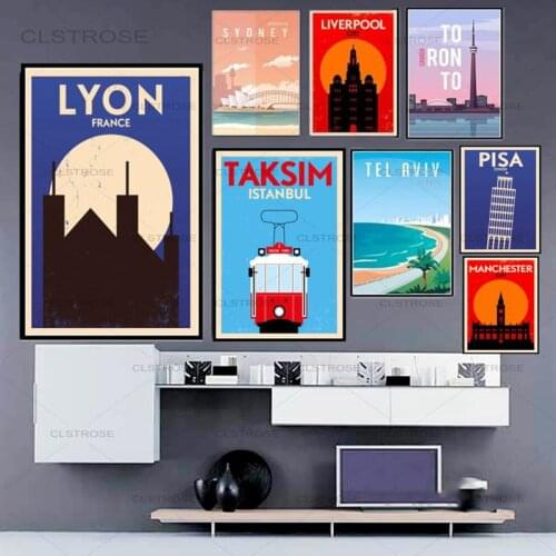 City Landscape Travel Poster Lyon London New York Canvas Painting Modern Cartoon Tourism Wall Art Pictures Living Room for Decor