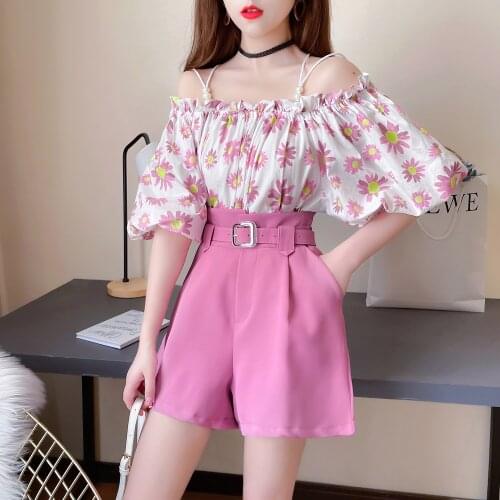 New Shorts 2 Piece Set Sweet Summer French Floral One-word Neck Beaded Suspender Top High Waist Wide Leg Shorts Two Piece Suits