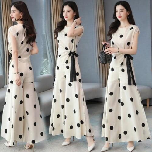 Chiffon Wide-Leg Trouser Suit for Women Lady Summer Chic Elegant Polka Dot Print Ivory Blouse /pants/culottes Two-Piece Set Slim
