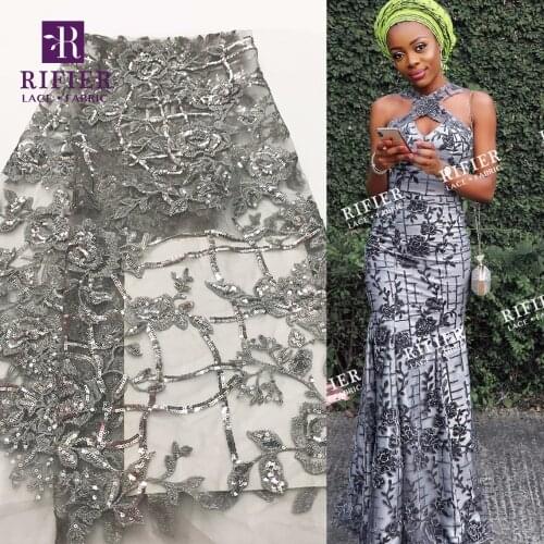 Grey Color Flower Sequins Net Lace Fabrics 2019 New Arrival High Quality Sequined Embroidered Mesh Wedding Lace Bride Material