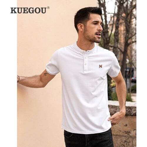 KUEGOU Mens Polo Shirts Short Sleeves Fashion Fox Embroidery Polos Summer Stand Collar High Quality Solid Top Plus Size 90017