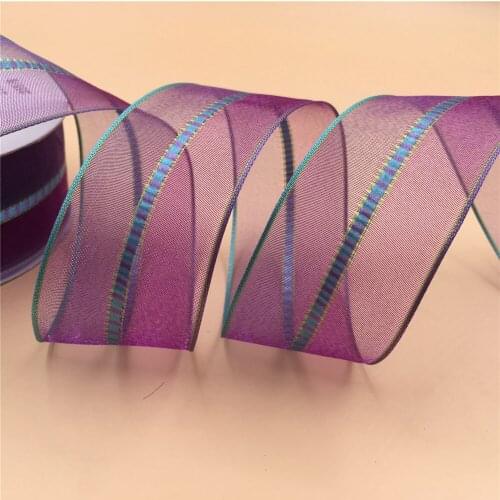 38MM Wire-Edge Purple Organza Ribbon With Tartan in Middle for Birthday Decoration Chirstmas Gift DIY Wrapping 25Yards