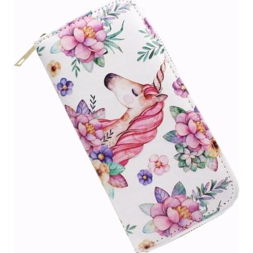 M285 Cute Cartoon Women Wallet Unicorn Flamingo Pineapple Lai Tree Designs PU Leather Long Wallet