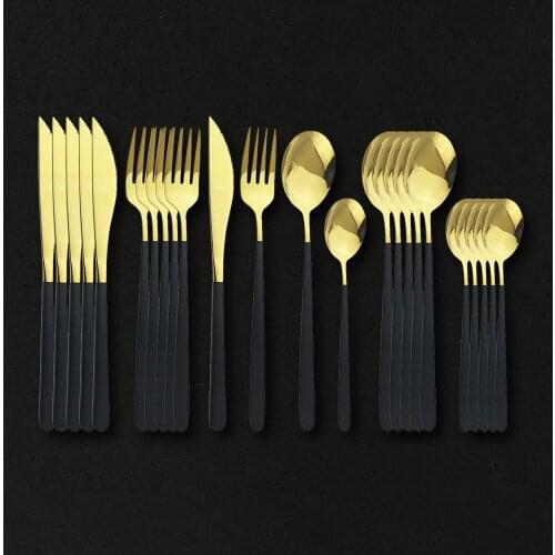 6Set 18/10 Stainless Steel Dinner Black Gold Dinnerware Cutlery Set Knife Fork Spoon Set Kitchen Tableware Silverware Set