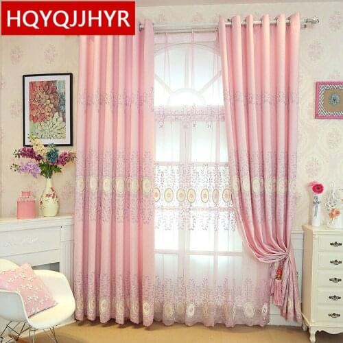 The new pink European embroidery curtain fabric for Living Room Classic light blue curtains for Bedroom Window curtain kitchen