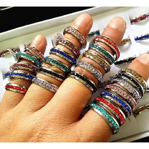 Wholesale 100PCs Mix Colors Full Circle Rhinestone 1 Row Stainless Steel Fashion Jewelry Rings