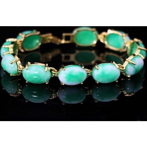 Semi-precious oval green natural stone chalcedony gold-color chain bracelet weddings anniversary Fashion gift jewelry 7.5"B1167