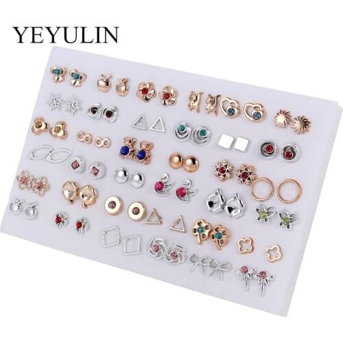36 Pairs Gold & Silver Color Rhinestone Hollow Flower Cute Bear Animals Mix Style Plastic Stud Earrings Set For Women Girls
