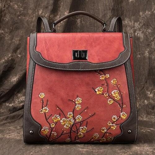 Retro Embossed Bag pack DaypacK for Women pack DaypacK Genuine Leather Rucksack Messenger Bag Plum flower Lady Knapsack