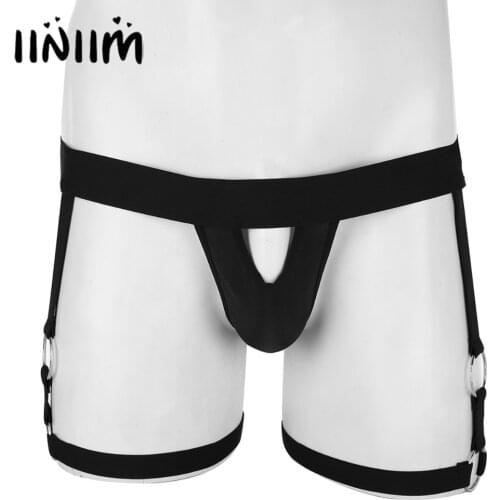 Iiniim Sexy Mens Lingerie See-throug Bulge Pouch Open Butt Jock Strap G-string Briefs Underwear with Leg Garters Band O-rings