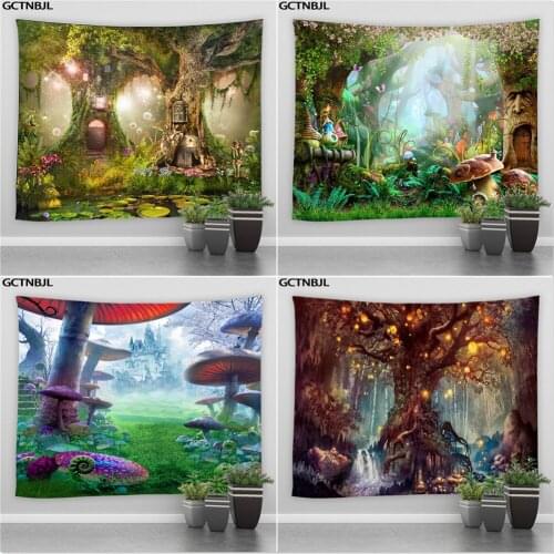 Fairy Tale Forest Tapestry Magic Mushroom And Tree Kids Girl Bedroom Living Room Party Background Wall Hanging Hippie Tapestries