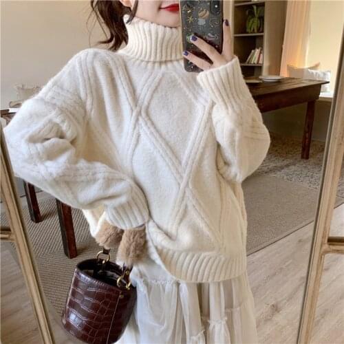 GUUZYUVIZ Solid Turtleneck Women Knitted Sweater Pullover Women Oversized Long Sweater Autumn Winter Tops Thick Ladies Clothes