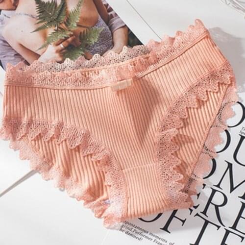 Women Sexy Briefs Breathable Lace patchwork Mid Waist Bow Solid Color Panties Female Daily Thong Underwear Lingerie