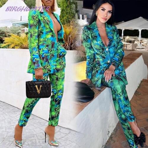 Vintage 2020 Two Pieces Set Green Women Blazer Set Turndown Collar Blazer & Loose Pant Women Pant Suits Female Trouser Suit