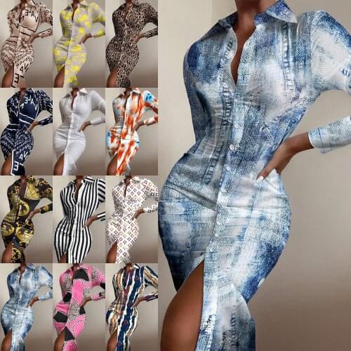 Women Autumn Sexy Bodycon Office Lady Dress Bodycon Button Long Sleeve Split Striped Chain Letter Print Lapel Midi Dresses Robe