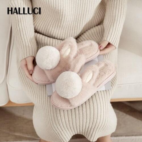 Winter velvet rabbit Home Slippers shoes Women rubber sole Japanese Sweet Toe Seasons Flip-flops Non-slip Women Bedroom Shoes