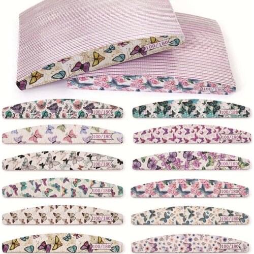 25pcs Washable Butterfly Flower Acrylic Nail File Halfmoon Nail Buffer Block For Manicure Lime a ongle 100/180 Boat Files