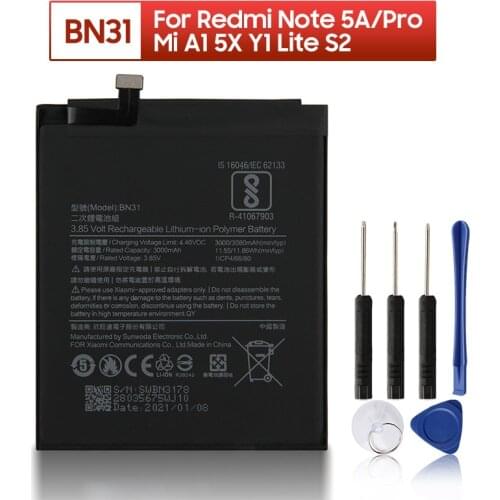 Original XIAOMI BN31 Replacement Battery For Xiaomi Mi 5X Mi5X A1 MiA1 Redmi Note 5A Redmi Y1 Lite S2 Phone Batteries 3080mAh