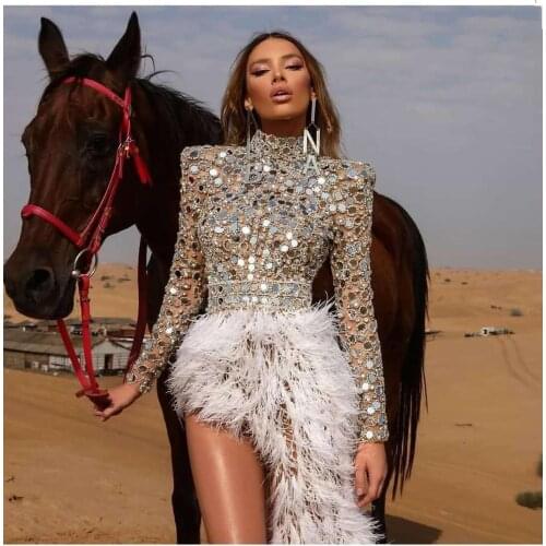 Sparkly Silver Sequins Feather Dress Women Birthday Celebrate Wedding Bar DS Latin Dresses Dance Dress