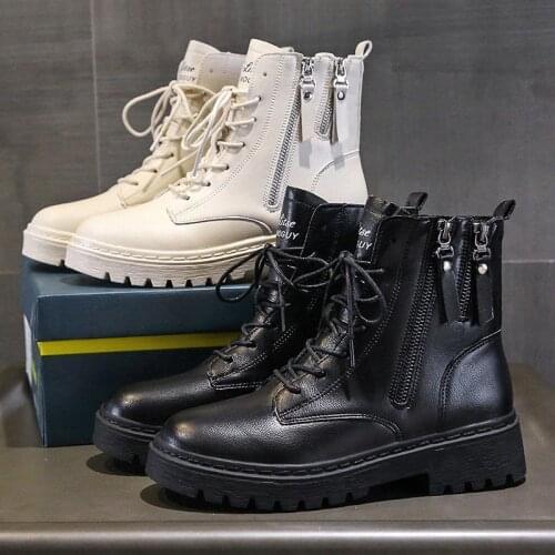 Fashion Zipper Flat Shoes Woman High Heel Platform PU Leather Boots Lace up Women Shoes Ankle Boots Girls 35-40