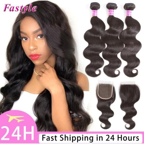Fastyle Brazilian Remy Hair 4x4 Lace Closure Body Wave Human Hair Bundles with Closure Middle Free Part Natural Black Color