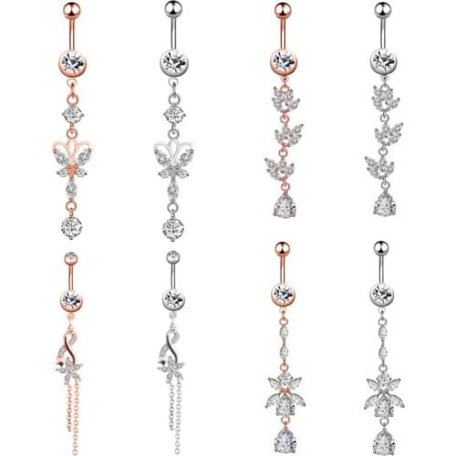 New Fashion Sexy Piercing Navel Nail Body Jewelry Flower Pendant Crystal Belly Button Rings for Women Girls Stainless Steel
