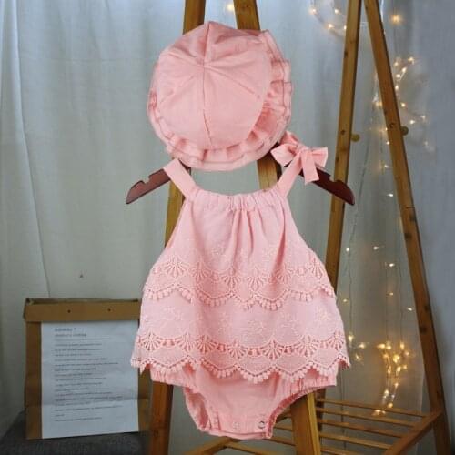 2021 NEW Baby Girls Clothes Summer Sunsuit Lace Solid Princess Rompers+Sun Hat Brief Set Infant Outfit Girls Jumpsuit Clothes