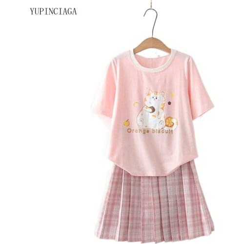 2 Piece Set Women Sweet Cartoon Print 2021 Summer Short-Sleeve Harajuku T-shirt + Plaid Skirt Pleated Skirt Womens Sets 2117504