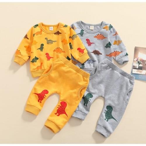 FOCUSNORM Autumn Casual Baby Boys 2pcs Clothes Sets 0-24M Dinosaur Printing Long Sleeve Sweatshirt Tops Pants