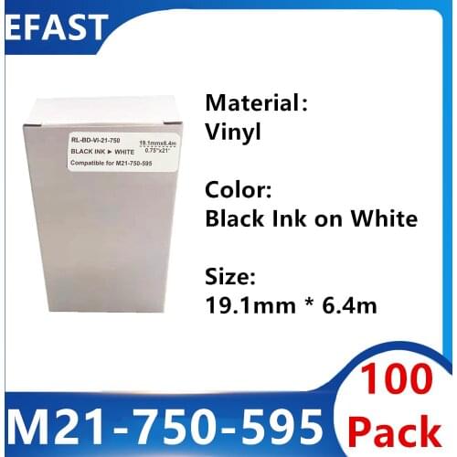 100 Pack M21 750 595 Vinyl Label Ribbon Black On white For BMP21 PLUS Printer M21-750-595 19.1mm * 6.4m