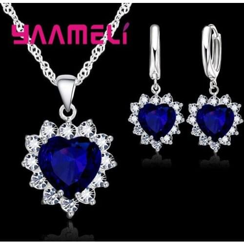 Trendy 925 Sterling Silver Jewelry Set for Women Heart CZ Stone Charm Pendants Necklaces Earrings LOVE Anniversary Gift
