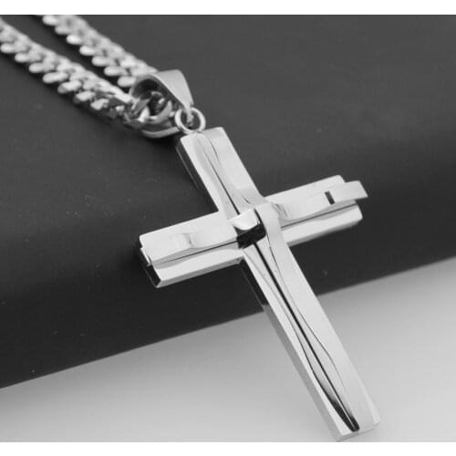 Granny Chic Mens Chain Curved Cross Pendant Necklace Stainless Steel Curb Cuban Link Polished Silver Color 18-36inch