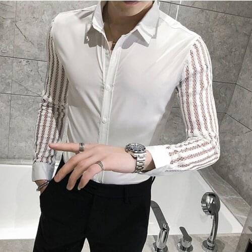 2020 Mens high quality cotton business long-sleeved shirt/Man slim Fit lapel Hollow out design Casual White black shirts Black