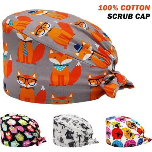 Clearance Scrubs Caps 100% Cotton Fox Printing Adjustable Nursing Hat Lab Beauty Salon Pet Shop Working Accessories Scrub Cap