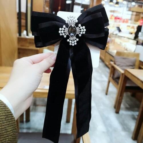 Retro Velvet Long Bow Tie Brooch Womens Rhinestone Bowknot Necktie Shirt Collar Pins Badge Fashion Jewelry Clothing Accessories