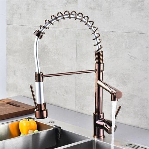 Kitchen Sink Faucets Solid Brass Pull Down Spray Nozzle Rotating Sink Mixer Tap Single Handle Hot & Cold Dual Water Sources