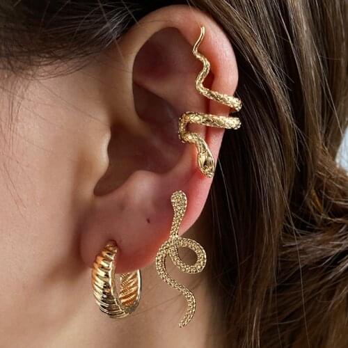 Starose 3pcs Punk Cool Snake Earrings for Women Skull Ear Cuffs Gold Color Helix Piercing Tragus Fake Earrings Set Hoop Jewelry
