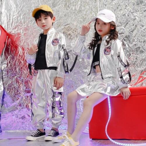 Boys street dance clothing neon clothes silver girls hip hop dance costumes dance street jacket hip hop dance pants skirt