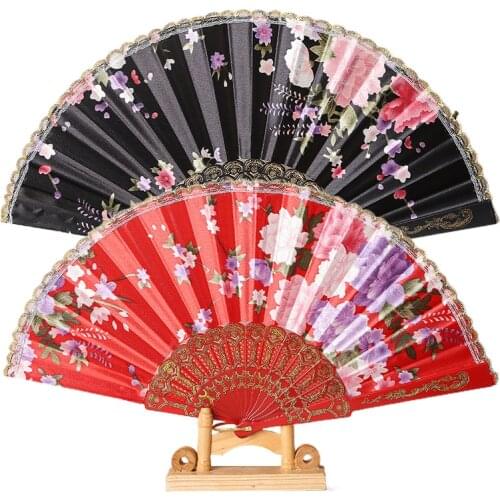 Vintage Silk Folding Fan Retro Chinese Japanese Flower Printed Folding Fan Dance Hand Fan Home Decoration Ornament Craft Gifts