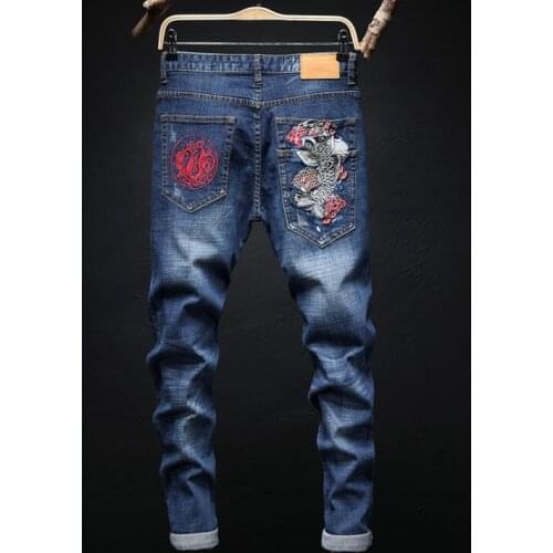 Embroidered carp jeans mens offspring pants straight stretch Original design new European and American style