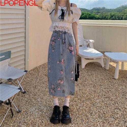 Summer Ladies Denim Skirt 2021 New Casual Fashion Harajuku Retro Side Open Embroidery High Waist Wild Y2k Cotton High Quality
