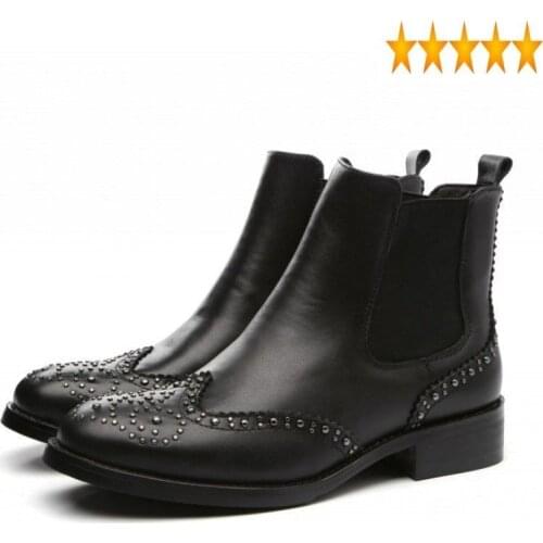Rivet British 2021 Chelsea Autumn Slip On Womens Shoes Female Block Low Heel Ankle Boots Round Toe Brogue Punk Botas Mujer