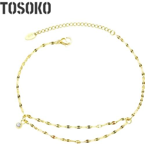 TOSOKO Stainless Steel Double Anklet Zircon Inlaid With Super Flash Chain For Womens Fashion Jewelry BSS084