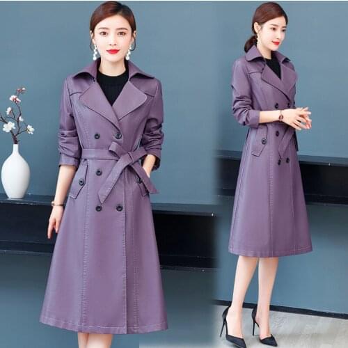 2021 New Autumn Winter Women Trench Coat Double breasted Pu Leather Overcoat Female Windbreaker Long Sleeve With Belt Outerwea