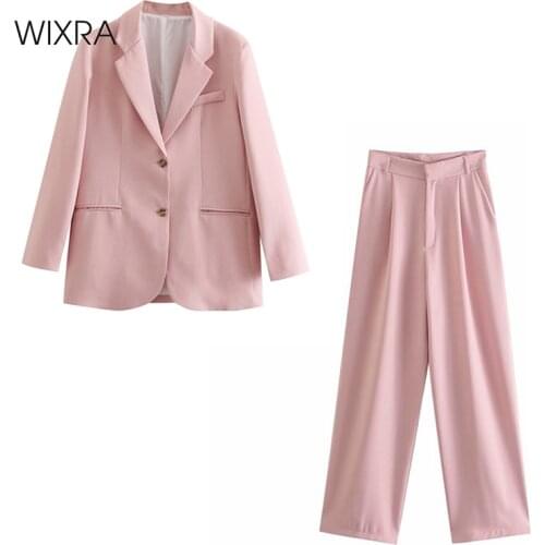Wixra Women 2 Piece Set Single Breasted Blazer Jacket+High Waist Loose Straight Pants Street Style Office Lady Suit