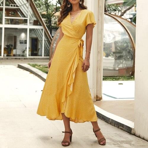 Boho Female Floral V Neck Wrap Ruffle Irregular Maxi Dress Holiday Short Sleeve Casual Slim fit Women Sundress Plus Size S-XL