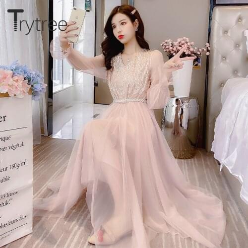 Trytree 2020 Spring Women Casual Dress V-neck Flare Sleeve Lace Sequin 2 Colour Beading Irregularity Fashion Temperament Dress