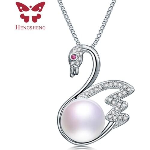 HENGSHENG 925 Sterling Silver Zircon Gorgeous Swan Pendant Necklace Women Gift Genuine Natural Freshwater Pearl Pendant