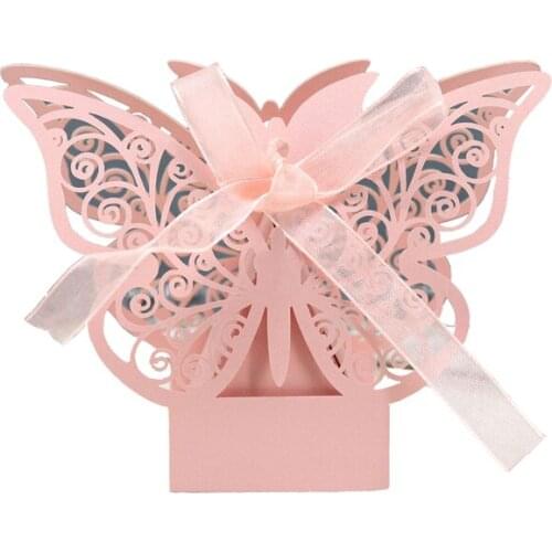 100PCS Butterfly Laser Cut Hollow Carriage Favors Box Gifts Candy Boxes With Ribbon Baby Shower Wedding Event Party Supplies