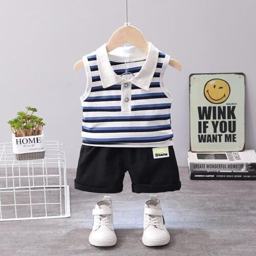 2021 New Summer TOPS Children Boys Girls Baby Fashion Infant Clothing Set Kids Cotton Cartoon Strips Vest Shorts 2PCS/Sets Suit